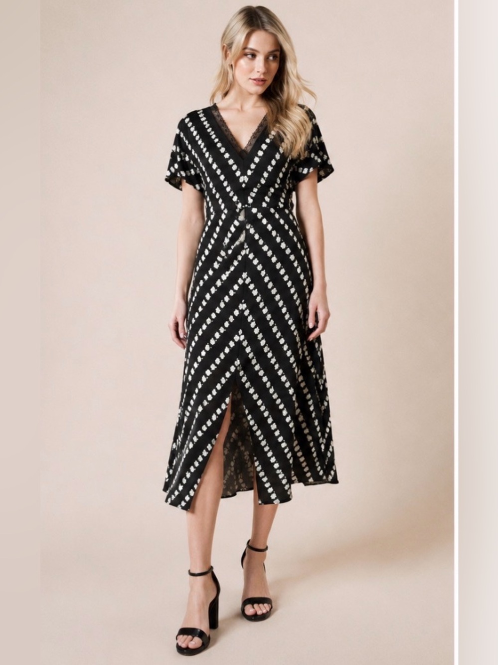 Maje Ritta Daisy Print Crepe Midi Dress Size 1 Black Floral Lace Trim Paris